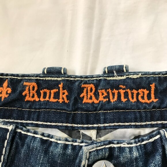 Rock Revival Suhul Straight Jeans Men 38x28 Blue Mid Rise Distressed Embroidered - Picture 3 of 16